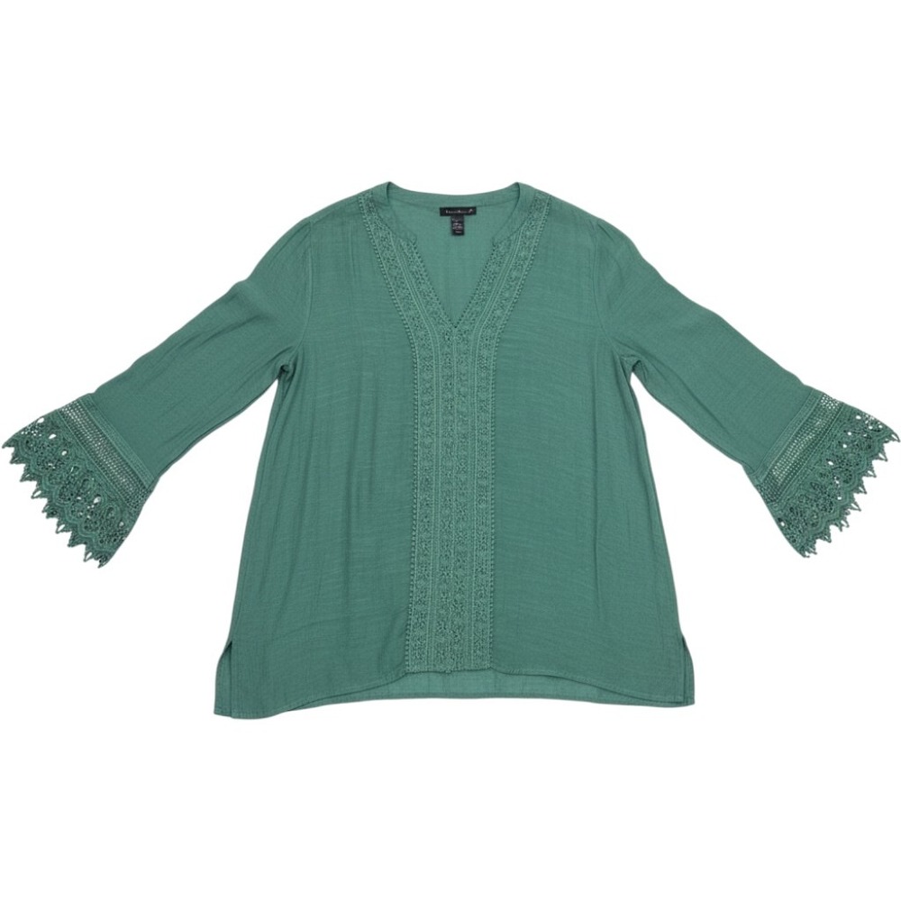 Ashley Stewart Plus Blouse 22/24 3X Green Crochet Lace Peasant Romantic Boho Top